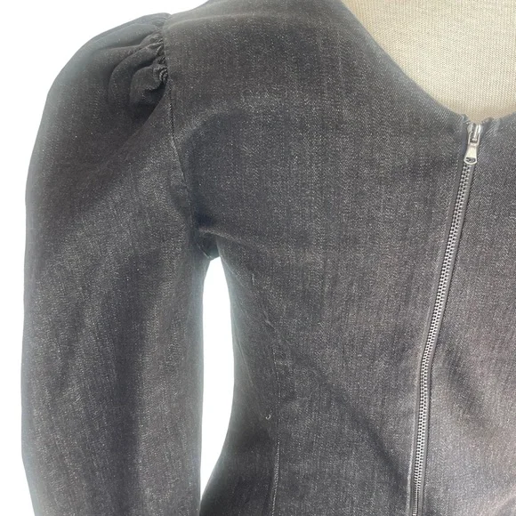 TOPSHOP SEAMED DENIM IN WASHED BLACK ROUND NECK PUFF SHOULDER | SIZE UK10 NWT - Picture 8 of 12